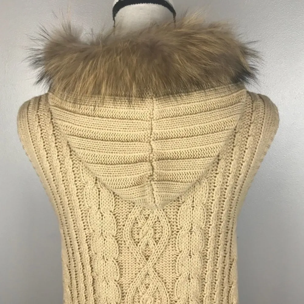 Linda Richards Cable Knit Fur Vest Tan Size M - Image 3