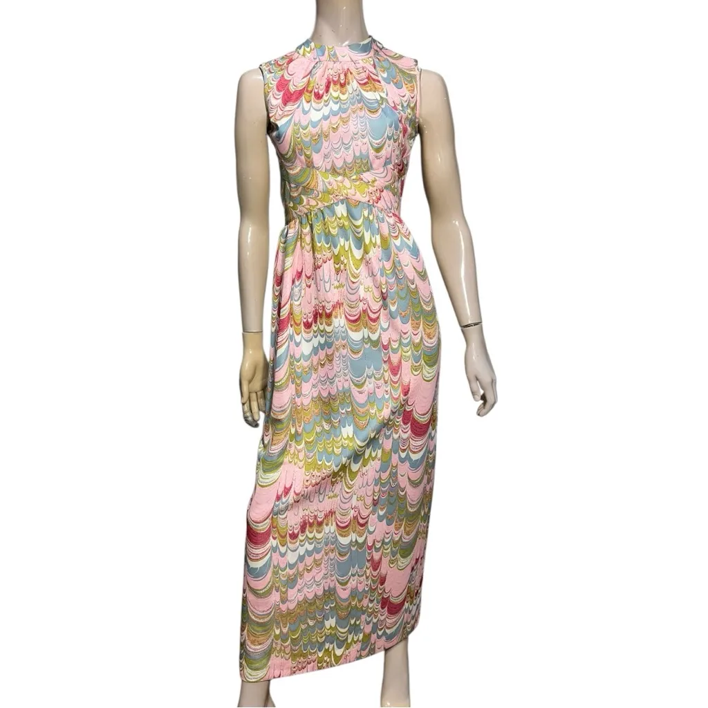Leslie Fay Vintage 60’s 70’s Womens 4 6 Psychedelic Marbled Pink Blue Maxi Dress - Image 2
