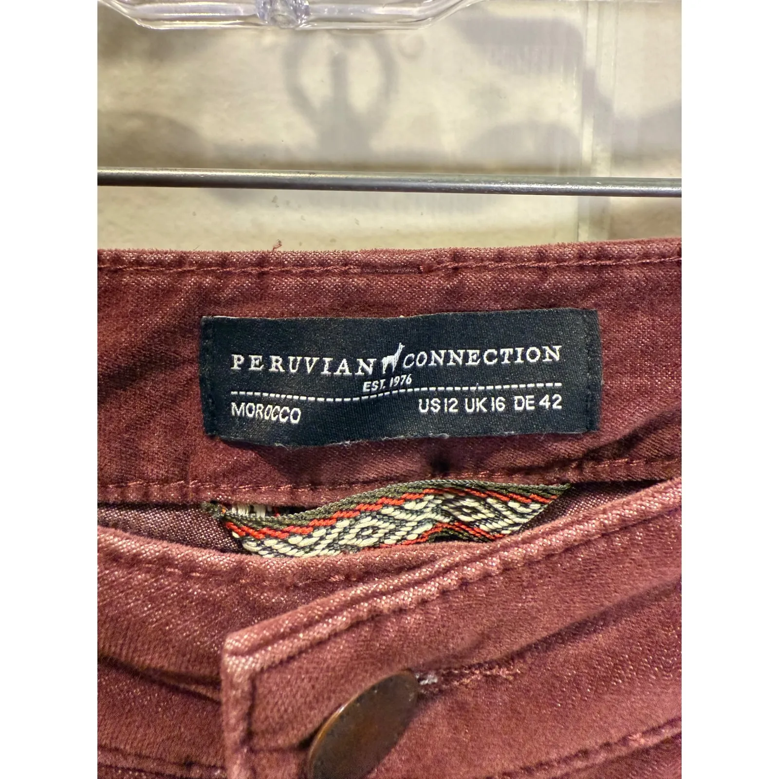 Peruvian Connection Burgundy Velveteen Corduroy Pants Women's Size 12 - Image 4