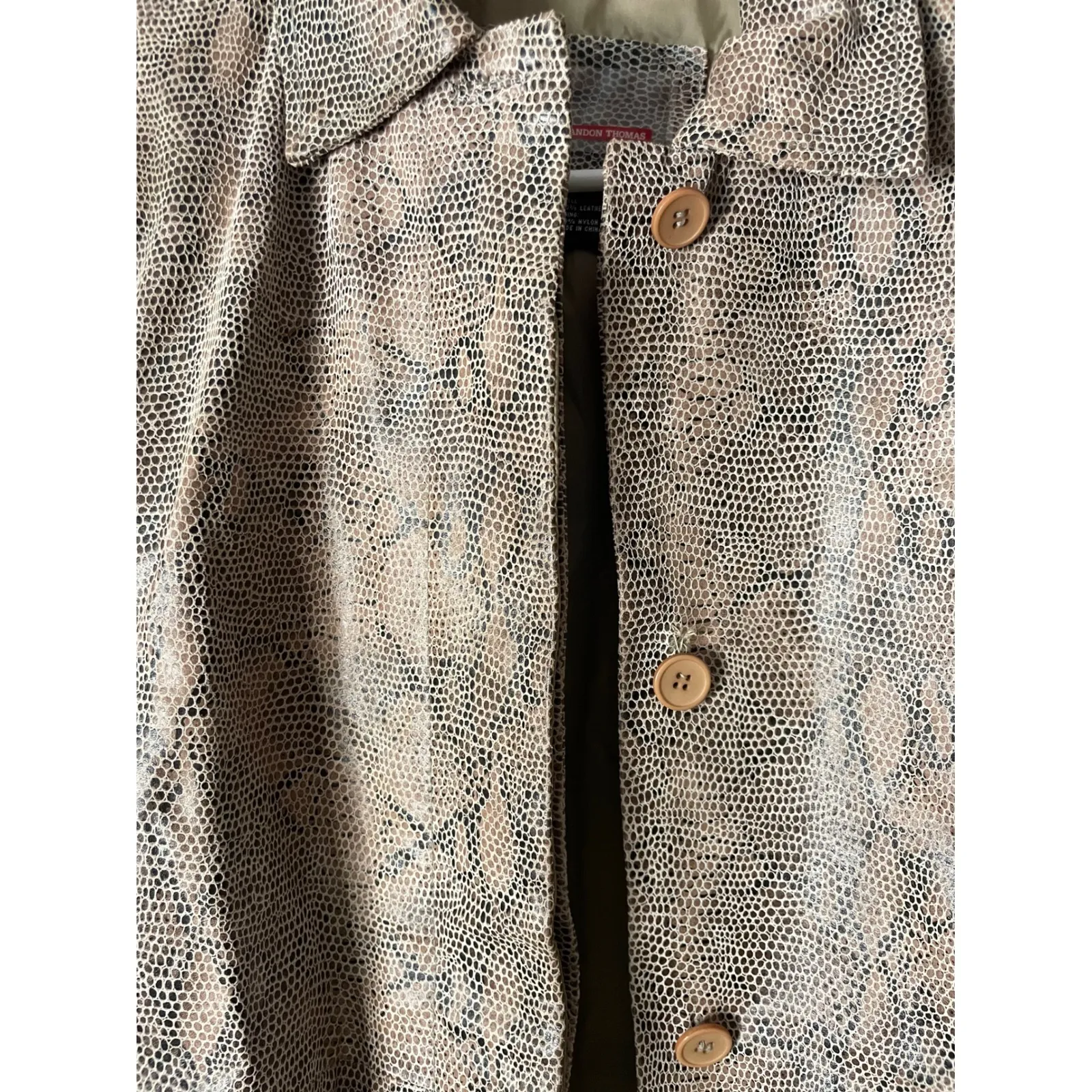 Brandon Thomas Snakeskin Print Leather Belted Trench Coat Women's Size S Tan - Image 2