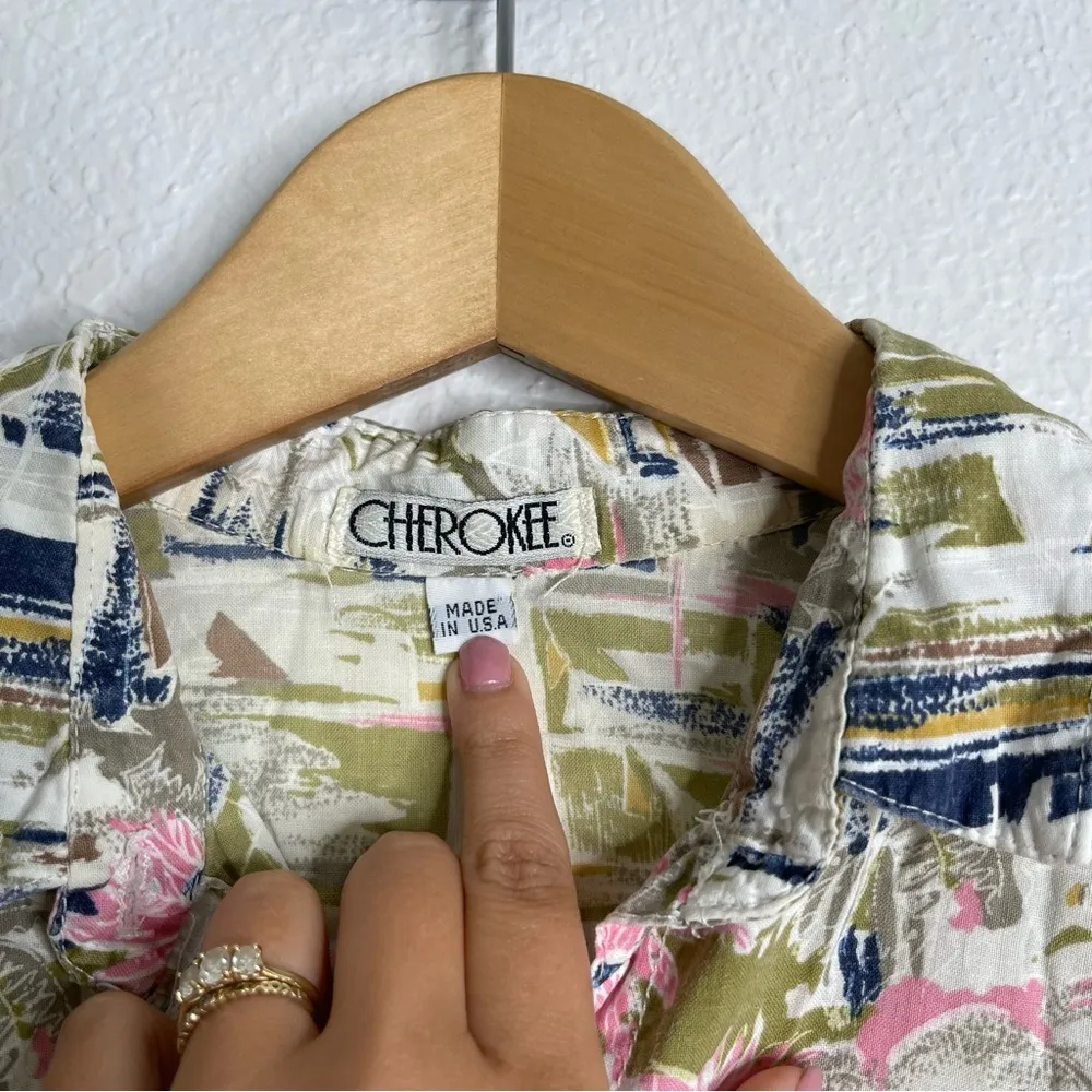 Vintage Cherokee Button Front Short Sleeve Tropical Key West Cotton Shirt Medium Green - Image 3