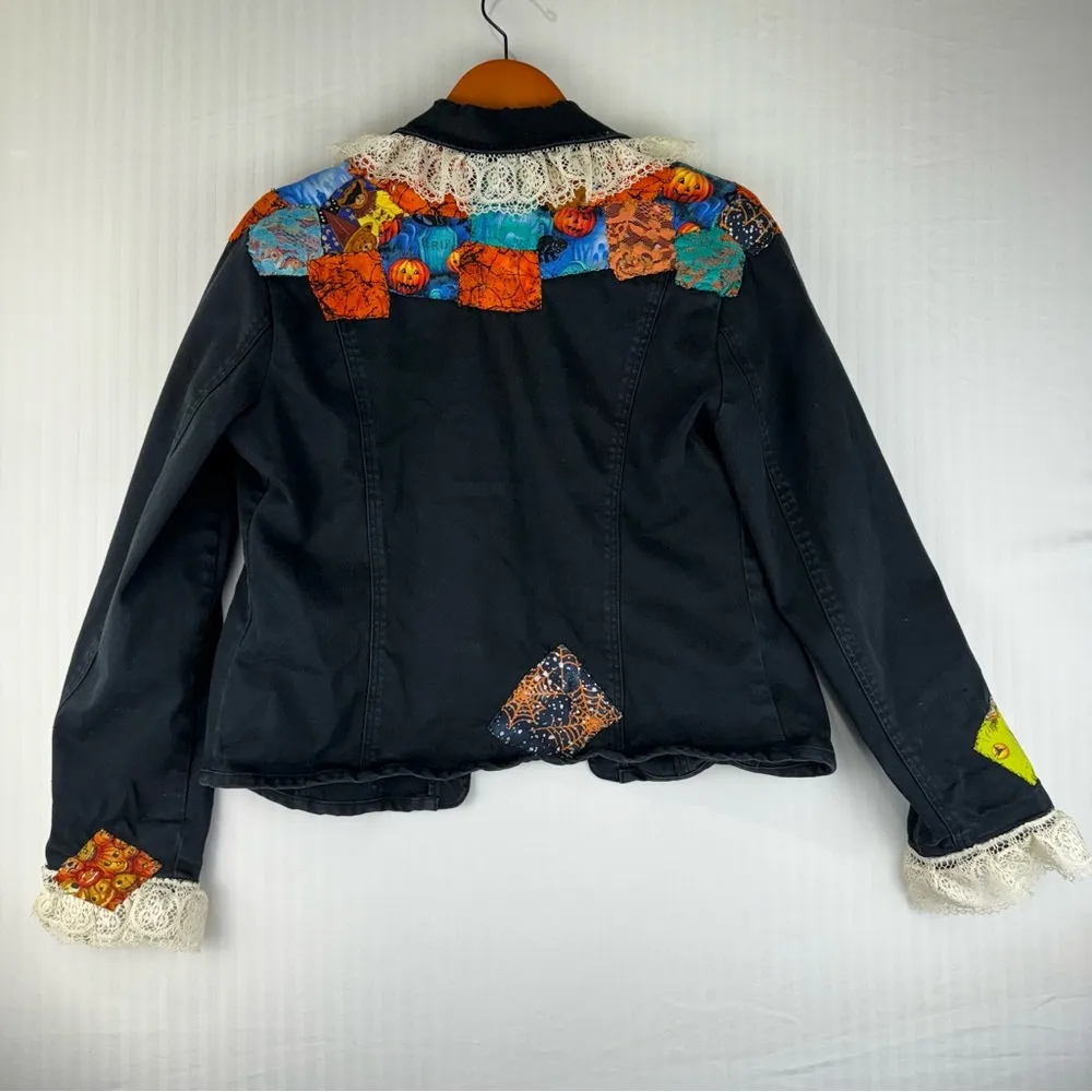 Ami Black Jacket Size Large Handmade Halloween Quilt Patches Lace Ruffle Vintage - Image 7