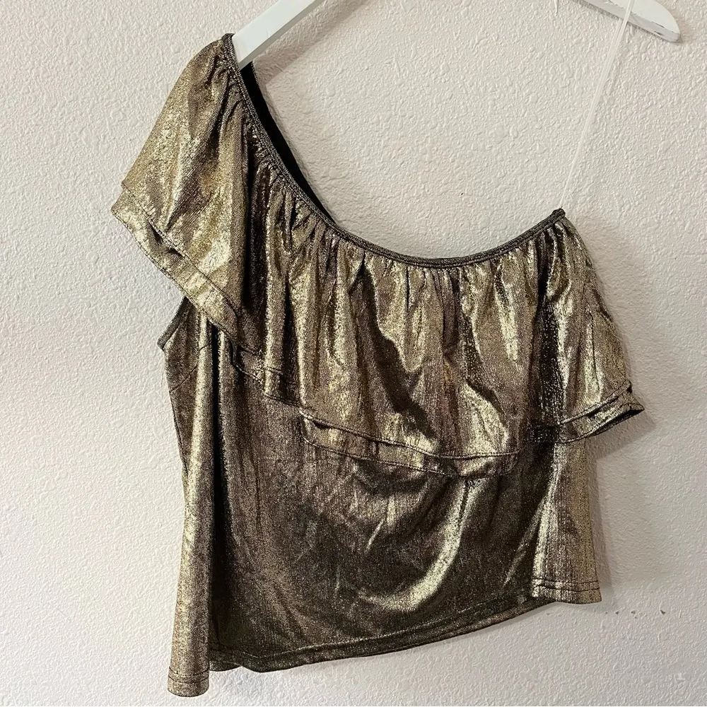 TCEC Gold Shimmer One Shoulder Ruffle Top Size L‎ Going Out Party Holiday - Image 2