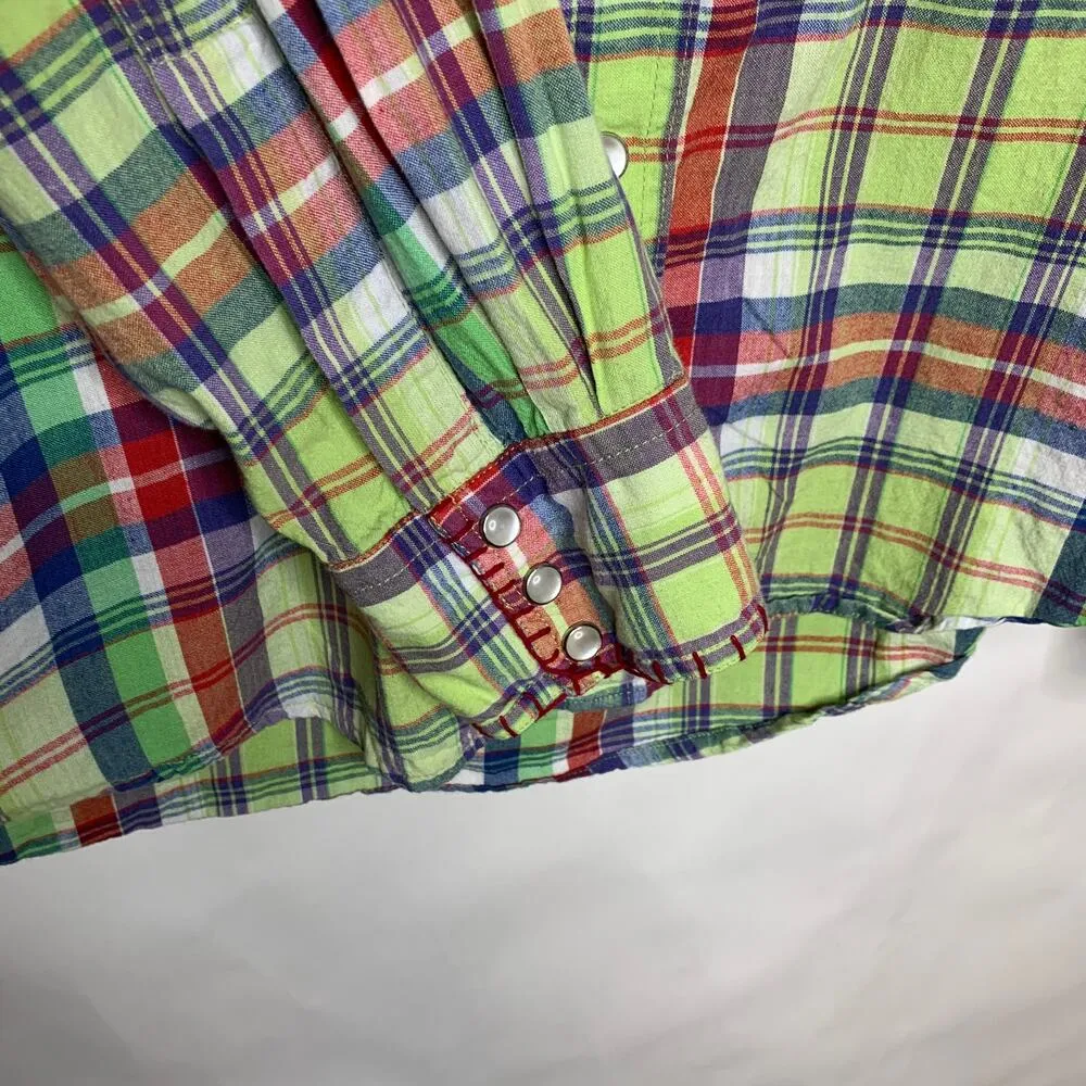 Martini Ranch Bright Plaid Whipstitch Snap Front Shirt Sz Medium Green - Image 3