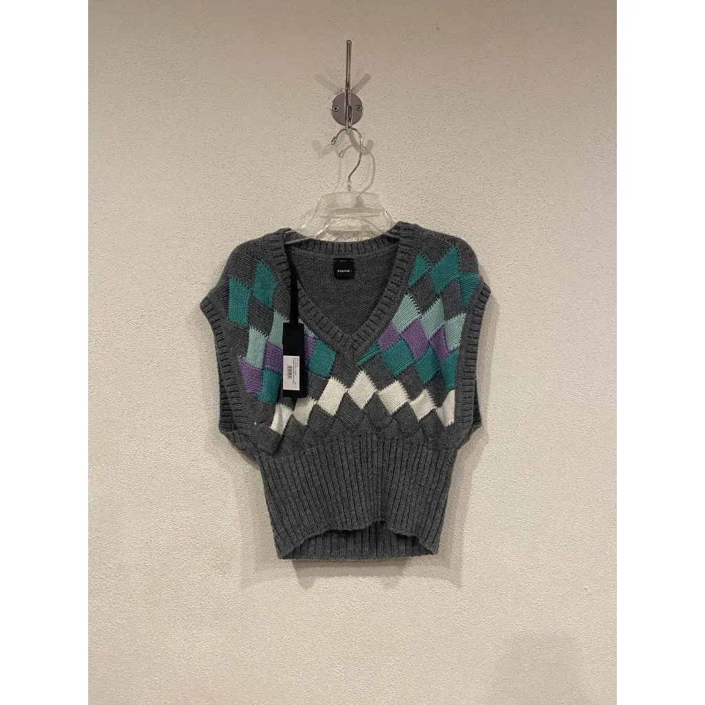Pinko Sweater Vest Womens Medium Gray Argyle Emu Gilet Rombi Soft Hand Italy - Image 2