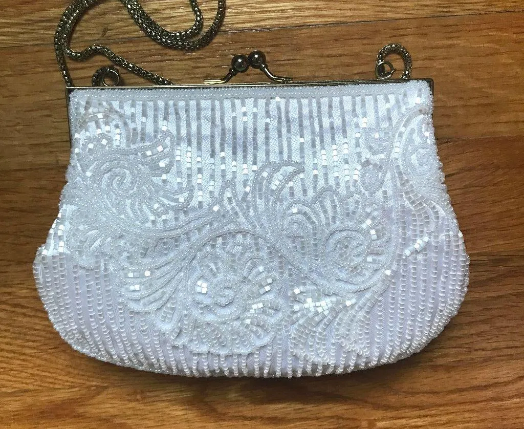 *Vintage* Whimsigoth Victorian Glam 1920s Flapper Beaded Ivory Bag White - Image 5