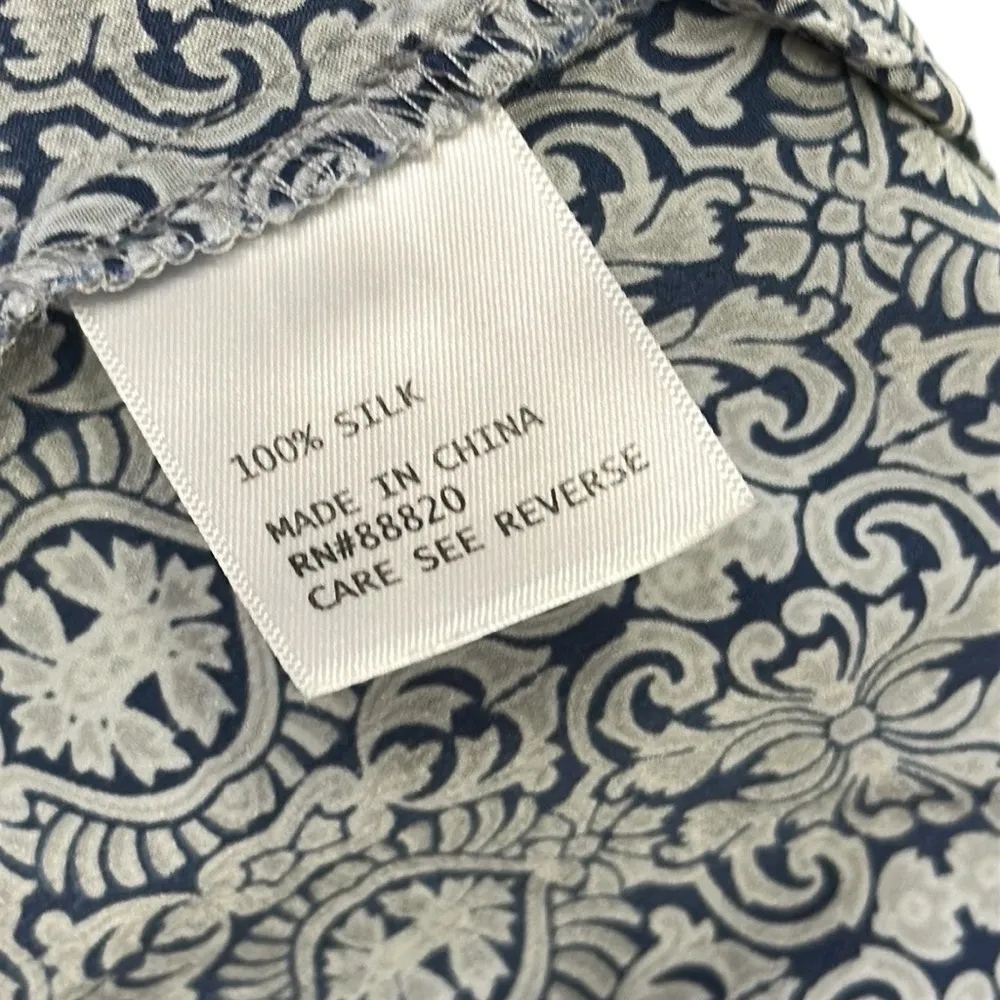 Silk Cynthia Rowley Split Neck Blue White Geo Print Pocket Short Slv Blouse L - Image 11