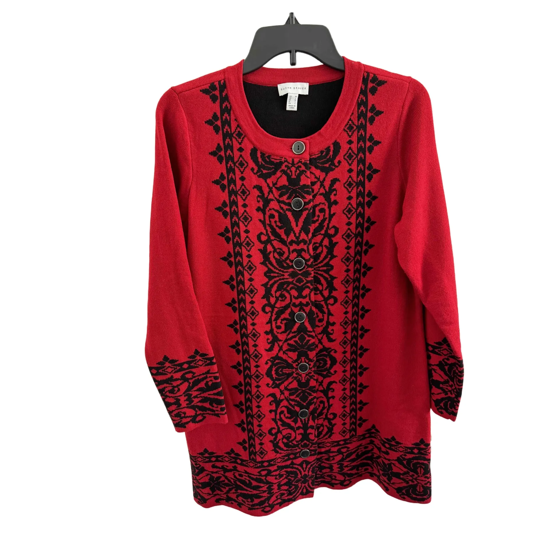 Susan Graver Red‎ Black Jacquard Button Up Long Sleeve Patterned Cardigan Medium - Image 2