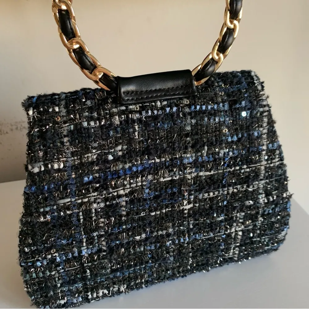 Mini Tweed Blue Black White Fabric Gold Chain Link Shoulder Handbag - Image 5