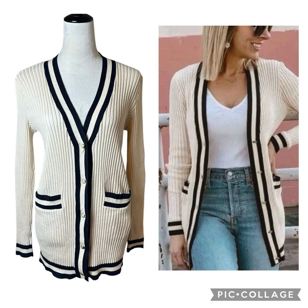 Cabi Ribbed Cotton Cardigan Sweater Small | Ivory Navy Trim Preppy Coastal Chic - Image 2