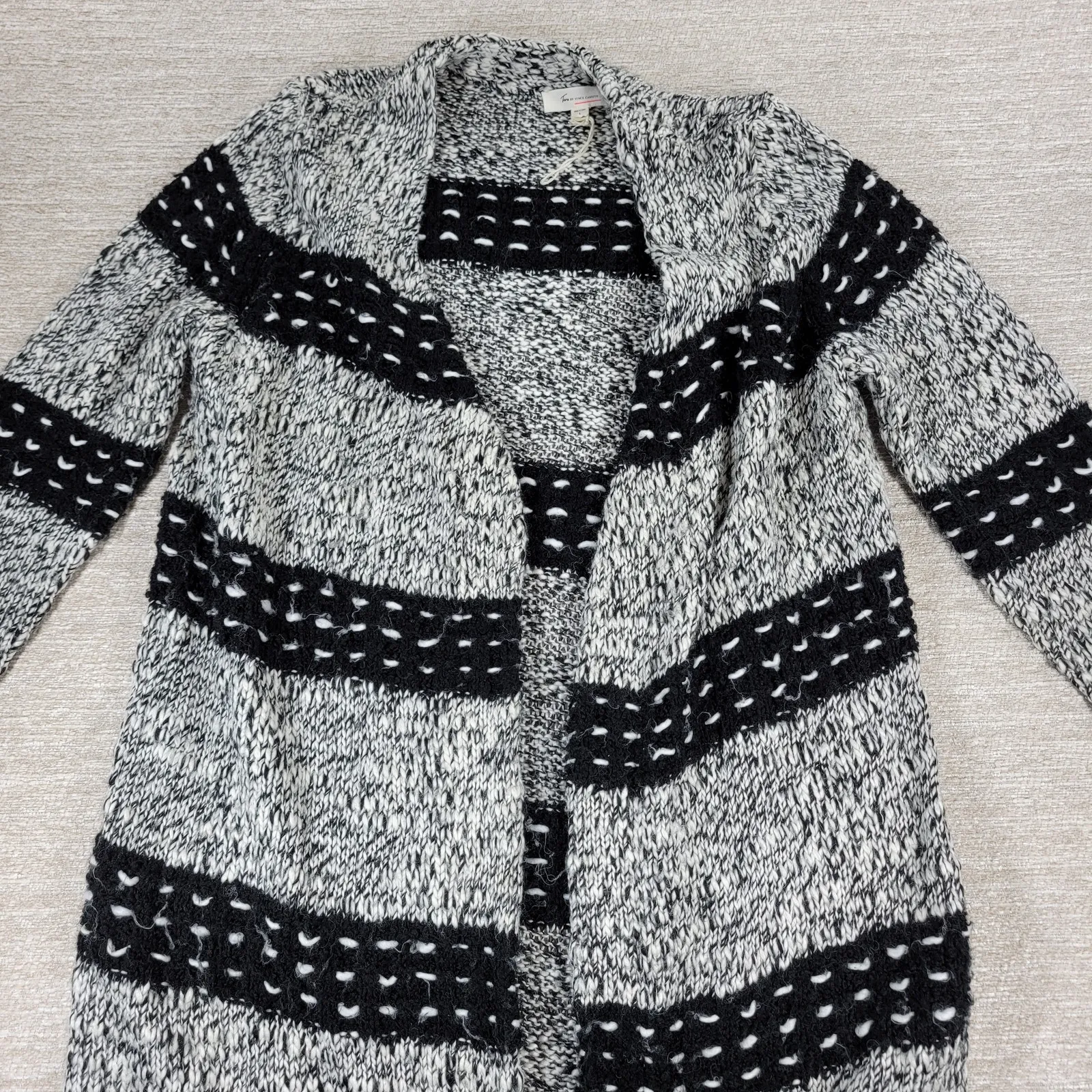 Two by Vince Camuto Chunky Knit Long Cardigan Sweater Black White Wool Blend L - Image 13