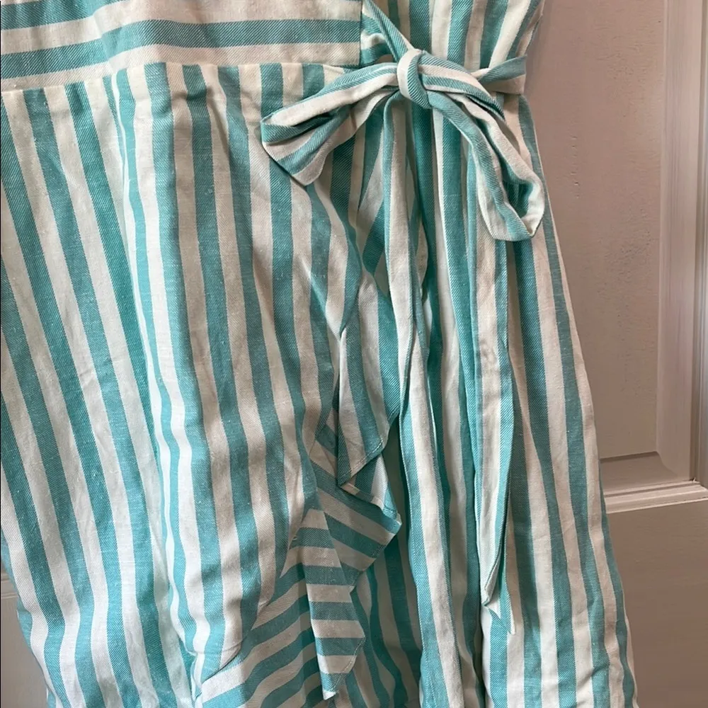 NWT Draper James Teal and White Puff Sleeve True Wrap Linen Mini Dress - Size XL - Image 10