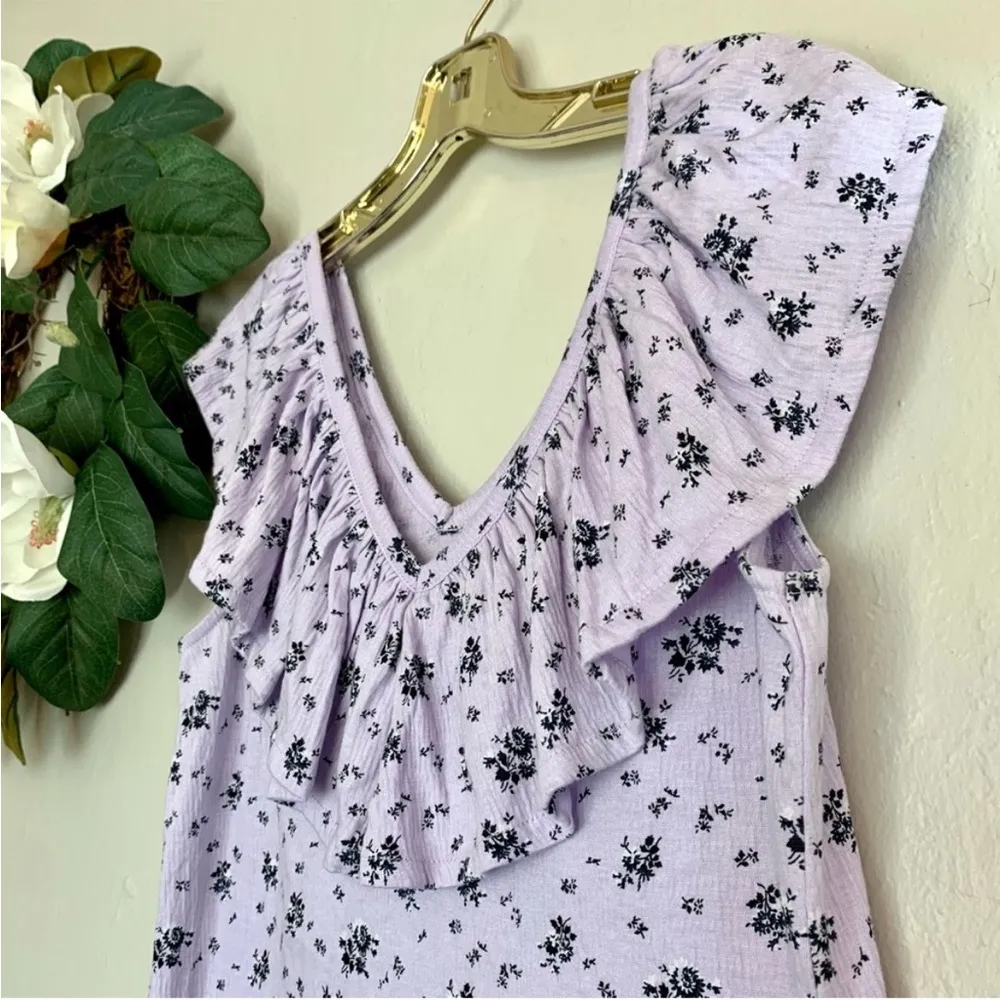 NWT LOFT Purple Floral Crinkle Ruffle Double V Top M - Image 9