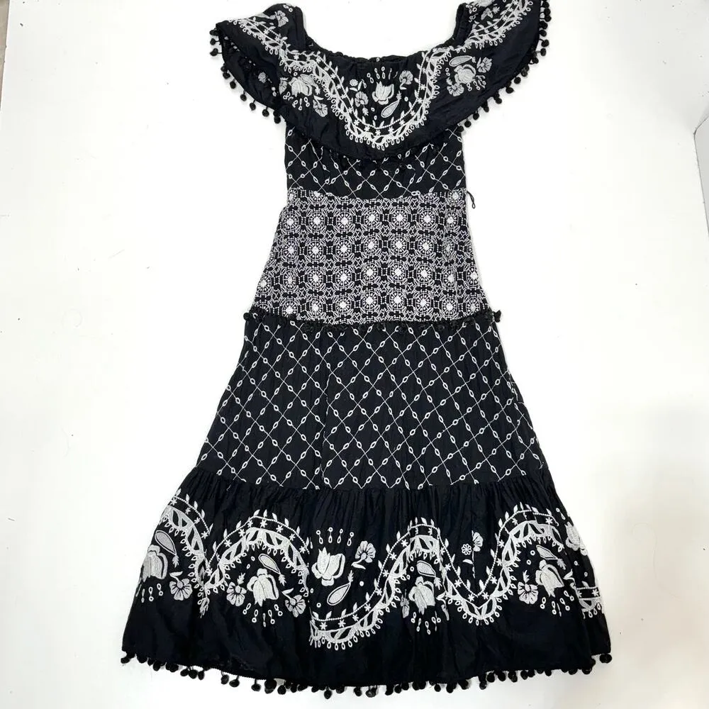 Anthropologie Marisol Off The Shoulder Embroidered Midi Dress Black, White 0 - Image 10