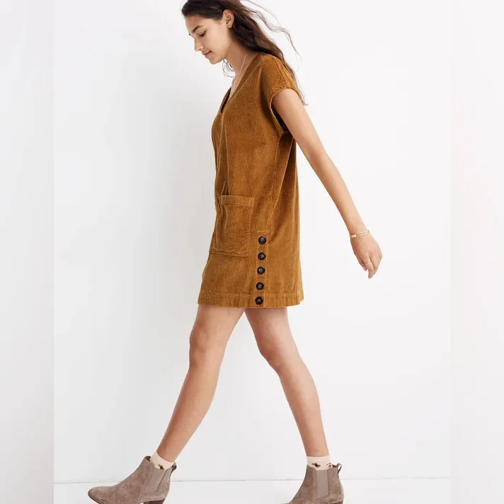 Madewell Corduroy Side-Button Shift Dress Mini Sleeveless Antique Gold Size S - Image 11