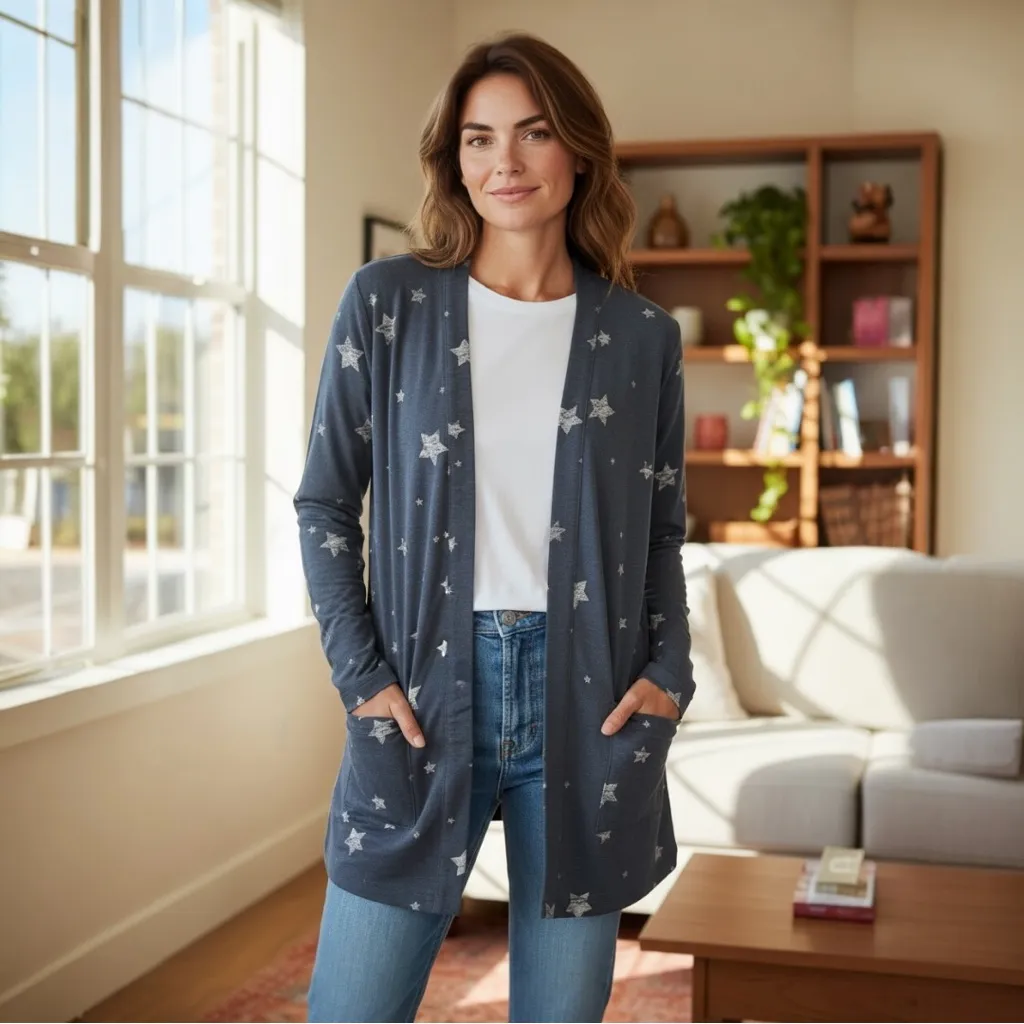 Star Patterned Open Cardigan White - Image 2