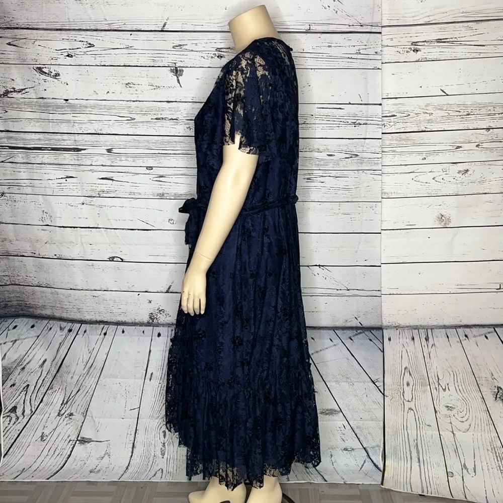 Lane Bryant NWT Sz 26 Blue Lace - Black Floral Flocked Velvet Dress w/ Tie Belt - Image 3
