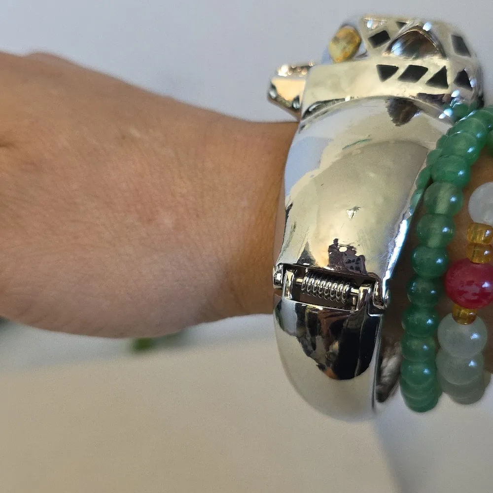 Vintage Statement Clamper Hinge Bracelet Silver CZ Panther - Image 8