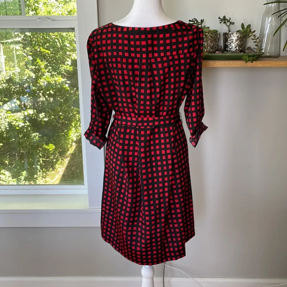 GAP Red and Black Checkered 3/4 Sleeve Belted Shirt Dress Sz Small - Image 3
