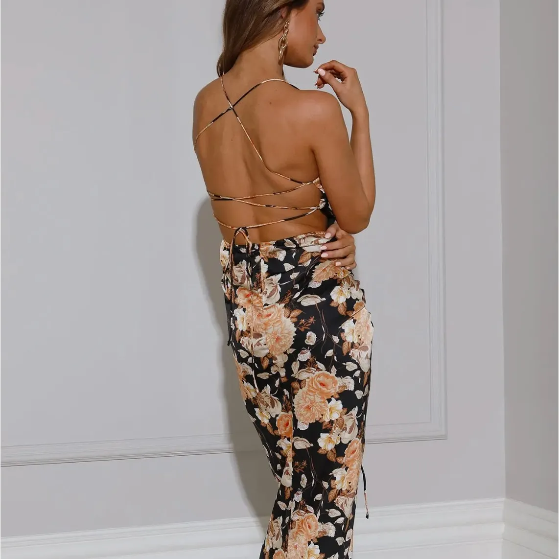 Hello Molly Floral Satin Maxi Dress Strappy Open Back Large (AU 12 / US 8) - Image 2
