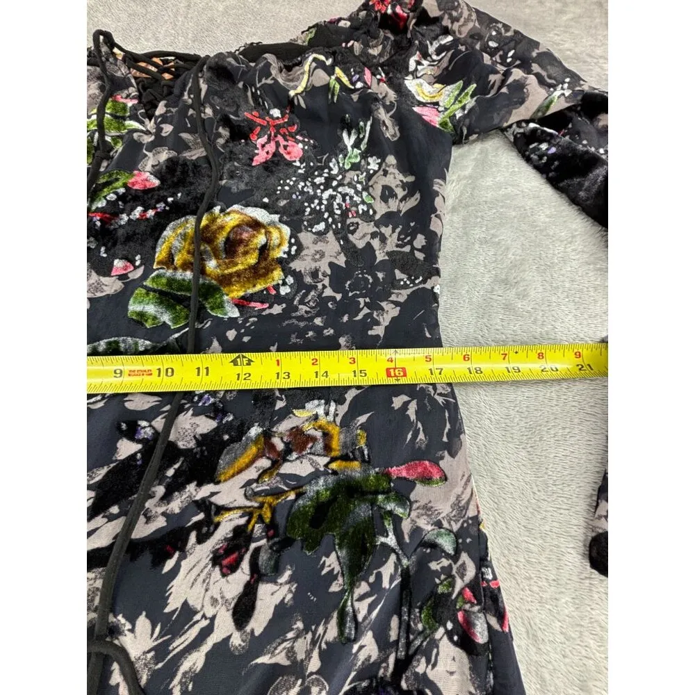 Velvet Burnout Dress Floral Bell Sleeve Sz: M Whimsy Goth Fairy Cottage Bronte Size M - Image 11