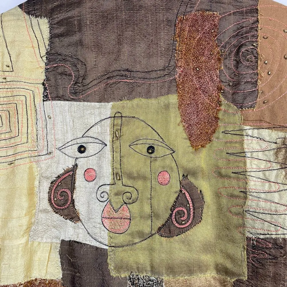 Vintage Y2K Sandy Starkman Silk Patchwork Tribal Abstract Faces Cropped Jacket L Brown Size L - Image 13