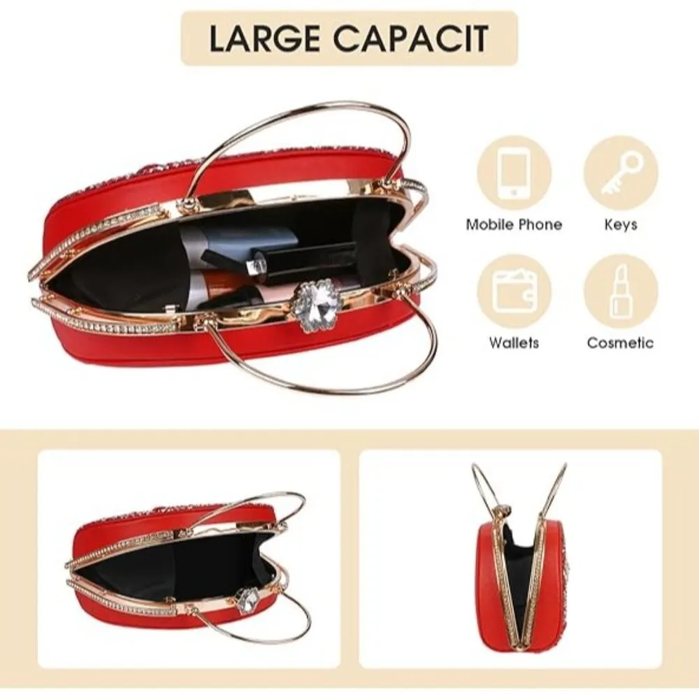 Peacock Rhinestone Evening Purse Handbag Red Shoulder Chain Holiday Party NEW - Image 3