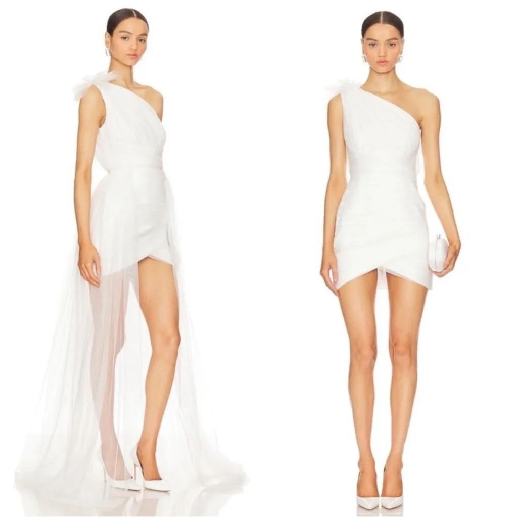 Sau Lee Sidney White Tulle Mini Dress with Detachable Train Wedding Bridal Sz 12 - Image 5