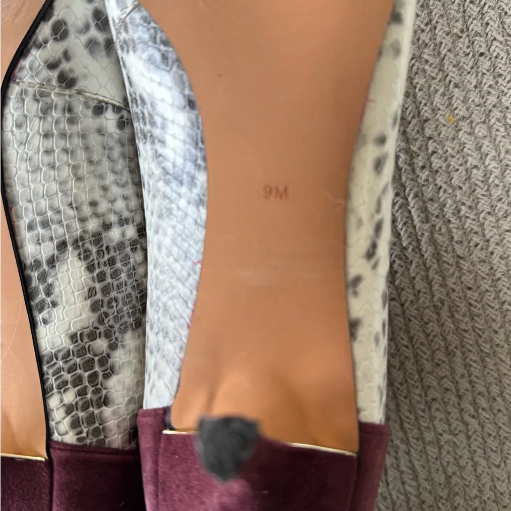 Artelier Nicole Miller Burgundy Suede White Snakeskin Metallic Heels Pumps Sz 9 Red - Image 5