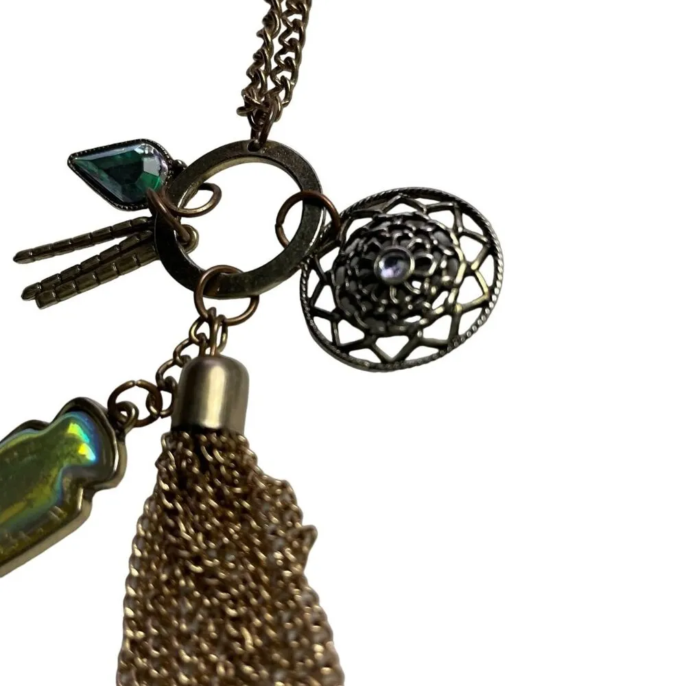 Vintage Charm Long Gold Tone Necklace Metal Tassels Pendant Charms u - Image 4