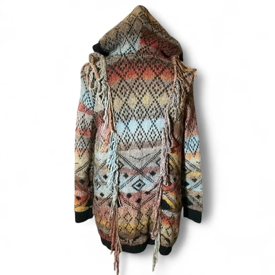 IDYLLWIND Bohemian Knit Patchwork Wool Fringe Hooded Cardigan Sweater XS - Image 2