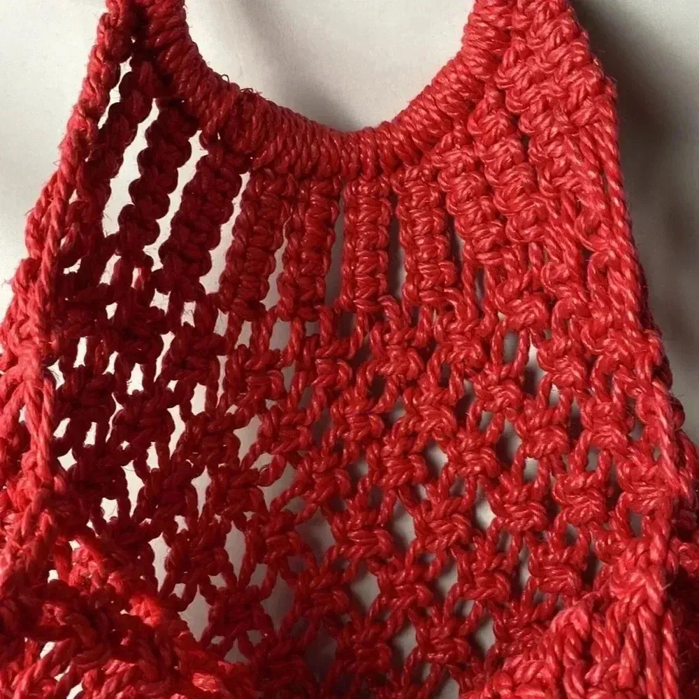 UNBRANDED MACRAME WITH FRINGE SHOULDER PIRSE SHOPPING BAG BOHO LOOK CORAL RED - Image 10