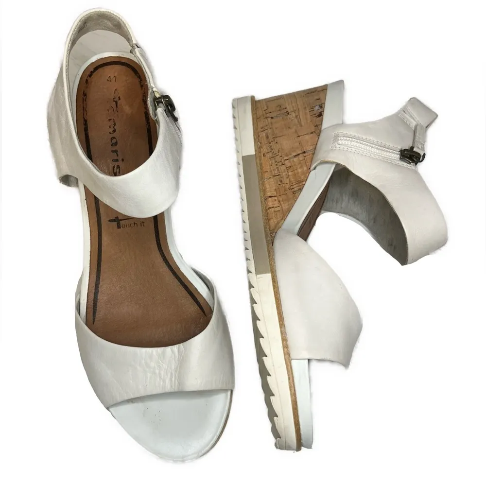 Tamaris Sz 41 EU 10 US White Leather Cork Wedge Lug Sole Comfort Sandals - Image 2