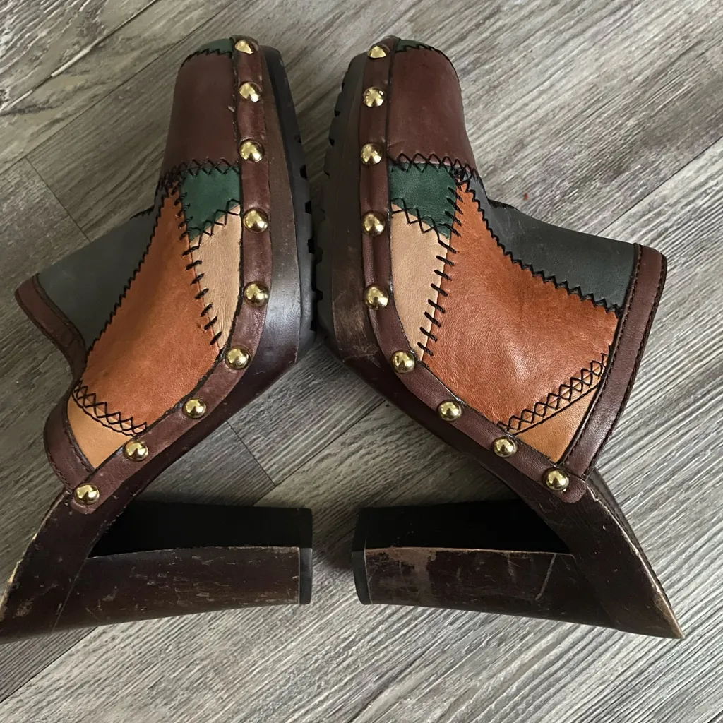 Coach  Brown and Green Leather Mules with Patchwork Design - Image 4