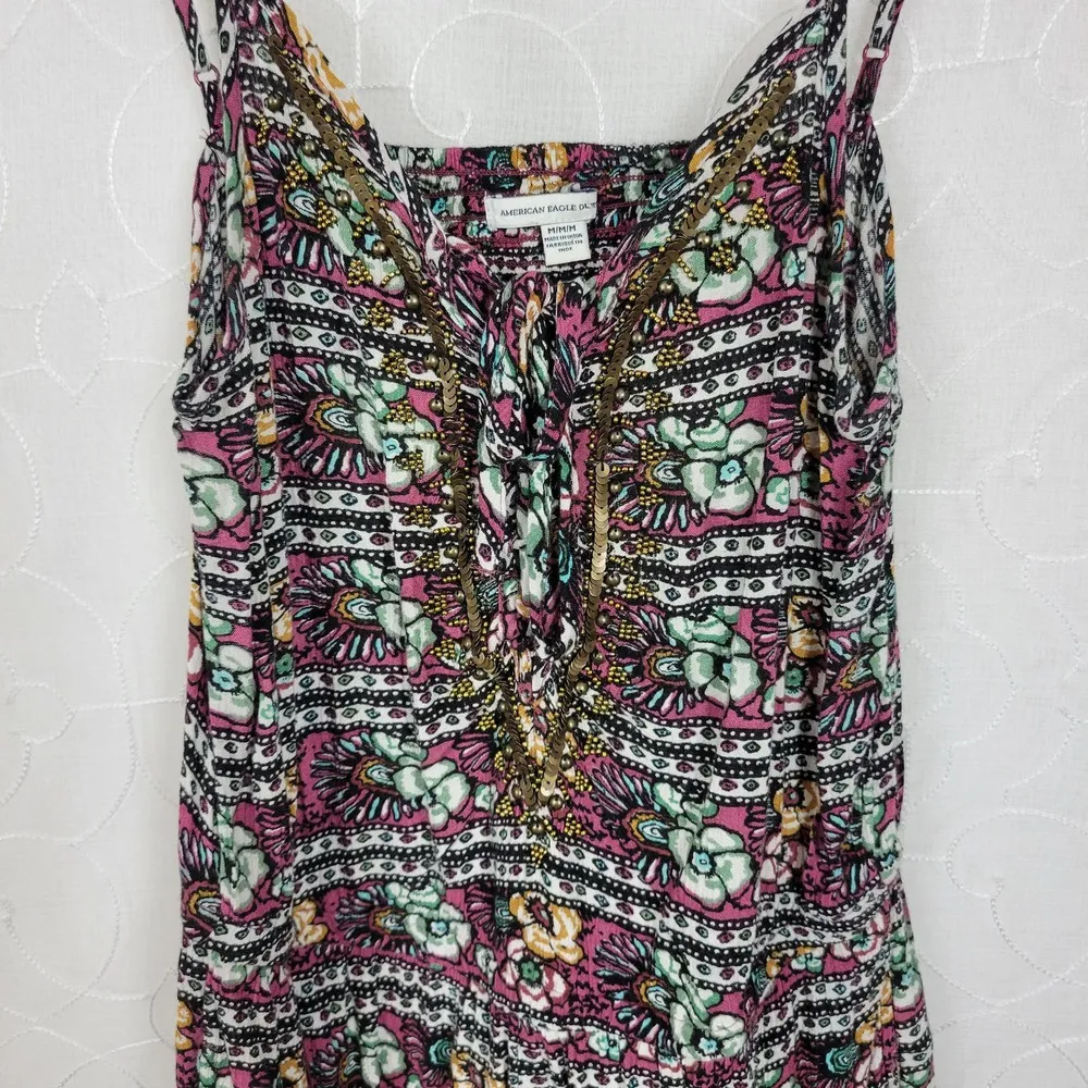 American Eagle Womens Romper Medium Purple Floral Beaded Sequin Ruffle Open Back - Image 7