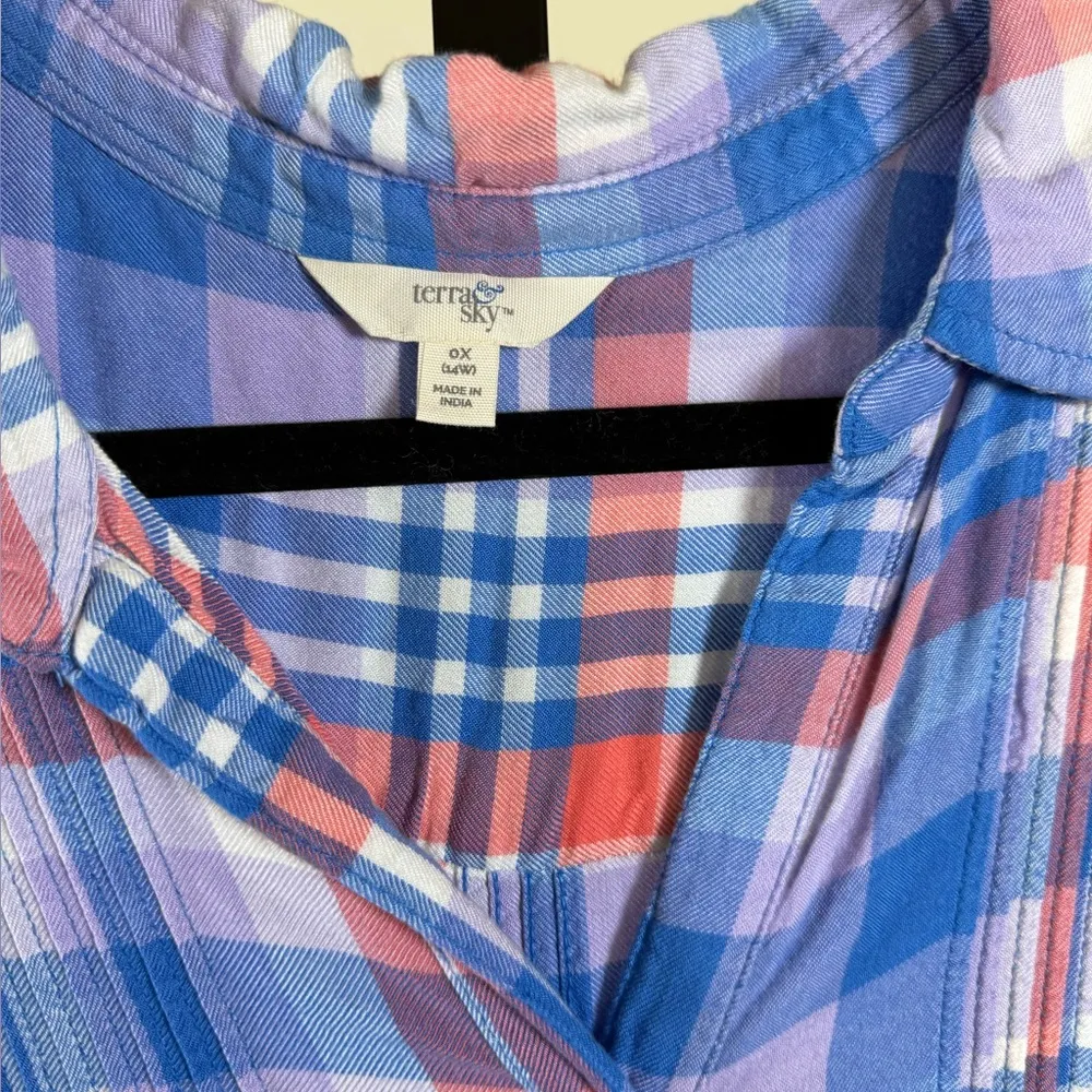 Terry Sky Multicolor Sleeveless Button Preppy Plaid Pink Blue Lightweight Top - Image 2