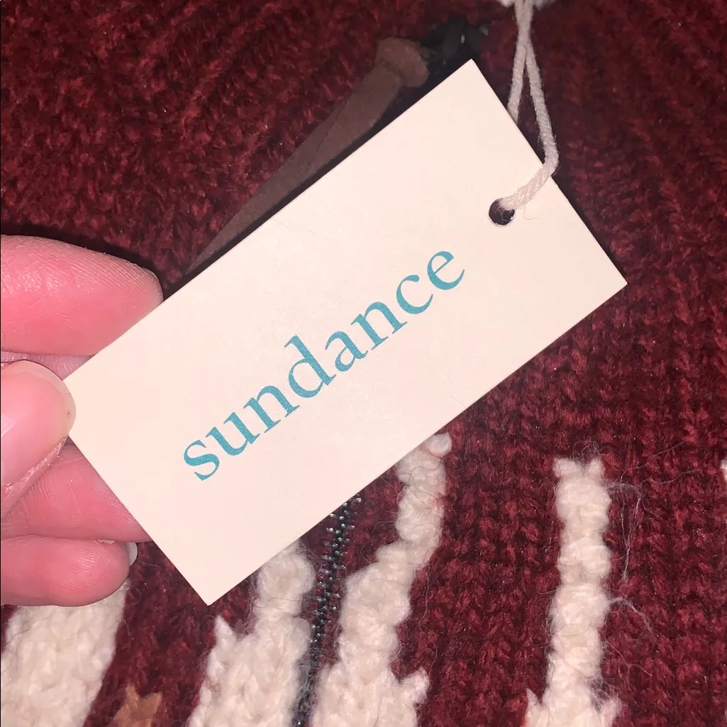 NWT Sundance Wool Blend Maroon White Heavy Knit Pattern Chunky Bomber Sweater M - Image 9