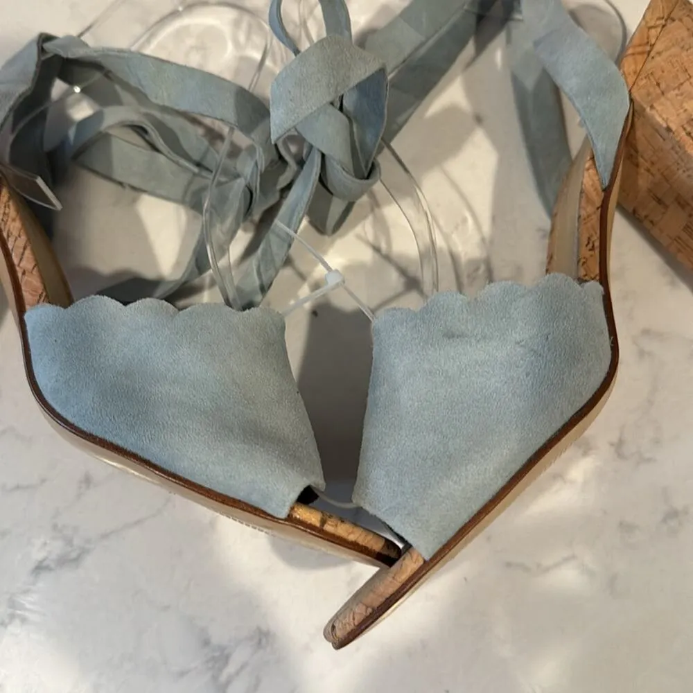 Marc Fisher Piya Scalloped ankle wrap Sandals suede Blue cork heel size 8.5 - Image 7