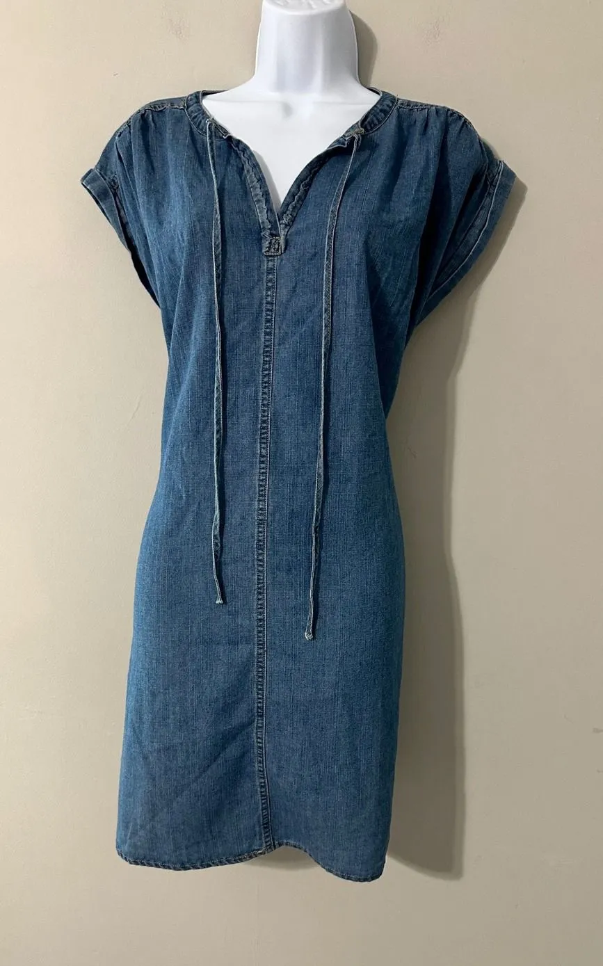 GILLI Womens Denim Dress Mini Short Sleeve Casual Blue Jean Drawstring V Neck Size L - Image 1