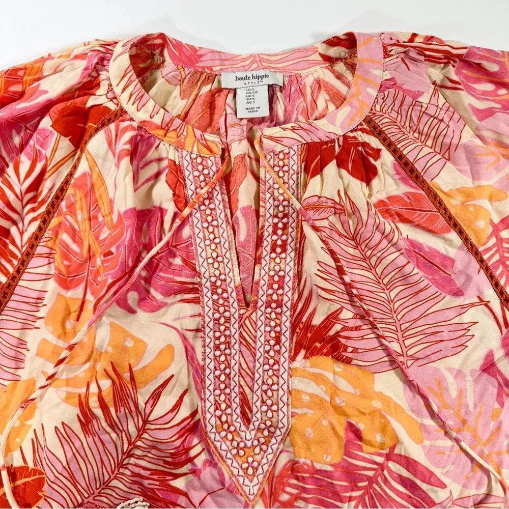 Size S Tropical Floral Bohemian Peasant Style Blouse With Tassels - Image 3