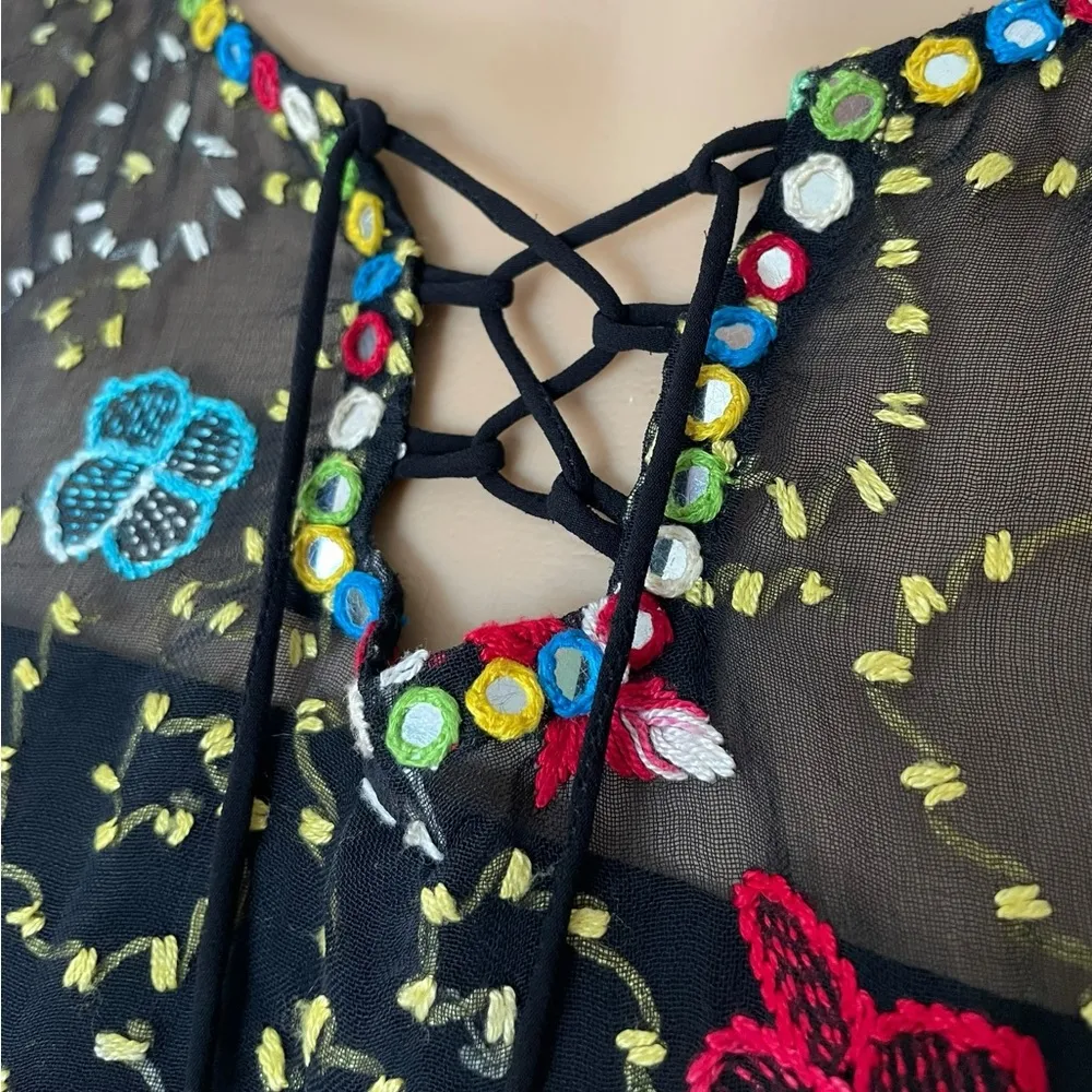 Vintage 90s Black Hand Embroidered Mirror Sequin Hippie Boho Whimsygoth Dress Size L - Image 4