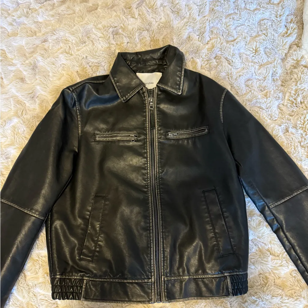 Bershka Black Leather Jacket with White Stitching - Image 2