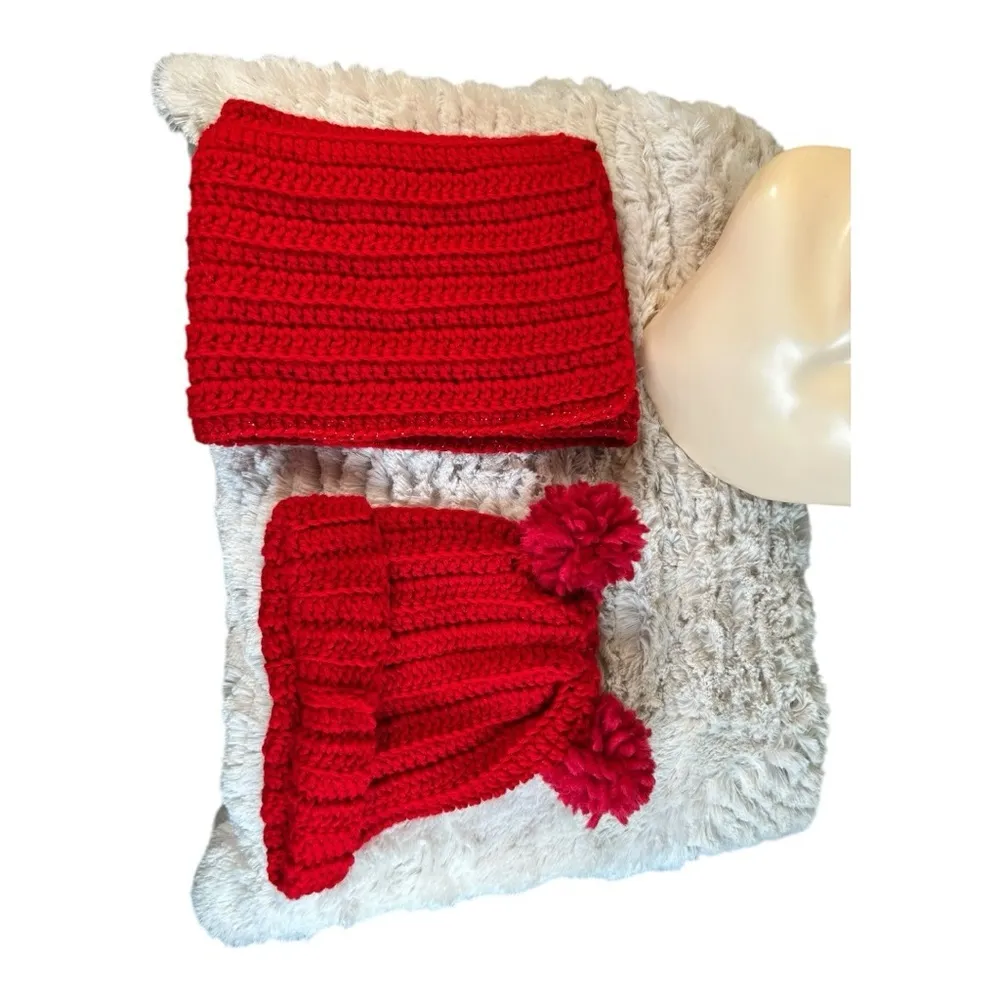 Handmade Bright Red (some gold touches) Crochet Hat & Scarf Set Cozy & Stylish - Image 8