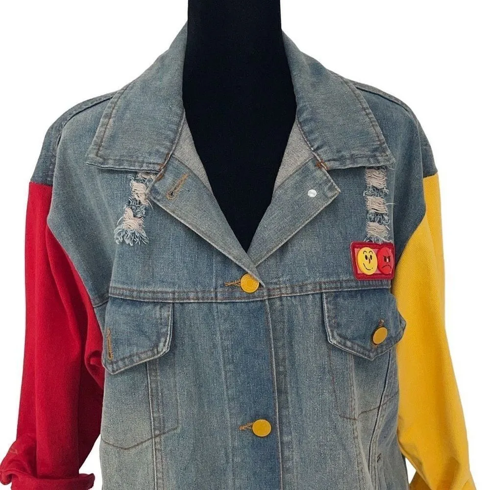 HOME Trendy Denim‎ Distressed Jacket Colorblock Sleeves Size Large Blue - Image 2