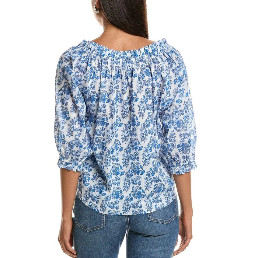Ro’s Garden Blue Floral Peasant Blouse 3/4 Sleeve Tassel Tie Size M Size M - Image 9