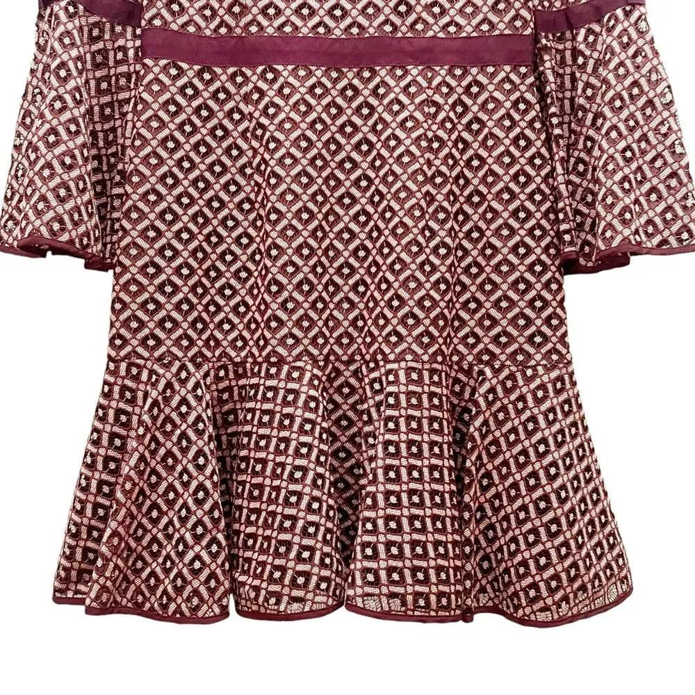 Cinq a Sept Cosette Dress Bell Sleeve Mulberry Pink Lace Overlay Babydoll Size 8 Red - Image 10