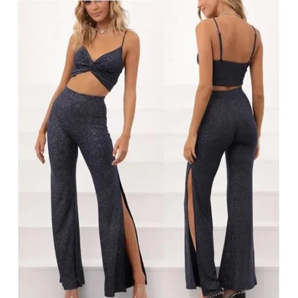 Lucy in the Sky Shimmer Crop Tank Top and Flare Leg Pants Set Blue Shimmer XS - Image 2