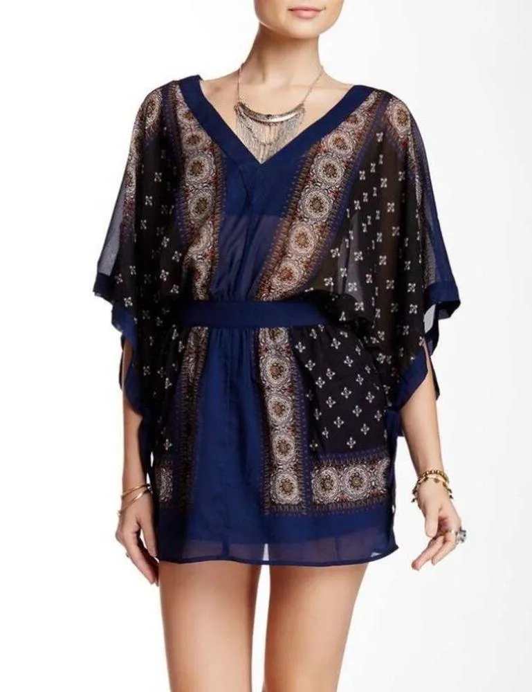 FREE PEOPLE Womens Boho Printed Kimono Tied Sleeve V-Neck Mini Dress Size XS - Image 2