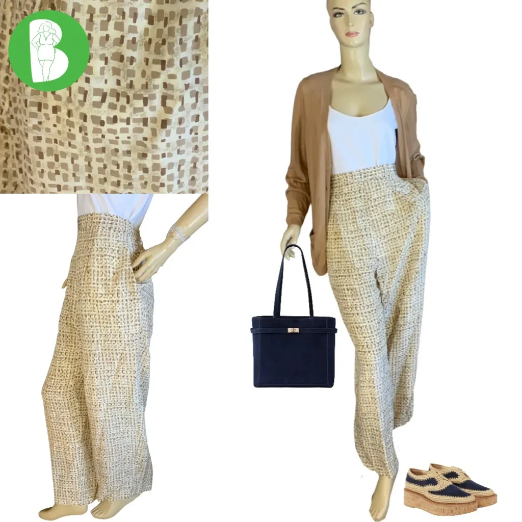 VINTAGE JENNIFER MOORE CREAM & BROWN PATTERNED SILK TROUSER PANTS NWT (20W) - Image 2