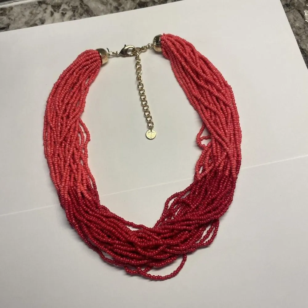Signed T - Talbots Pink Red Gold Time Bead Statement Costume Necklace - Image 2